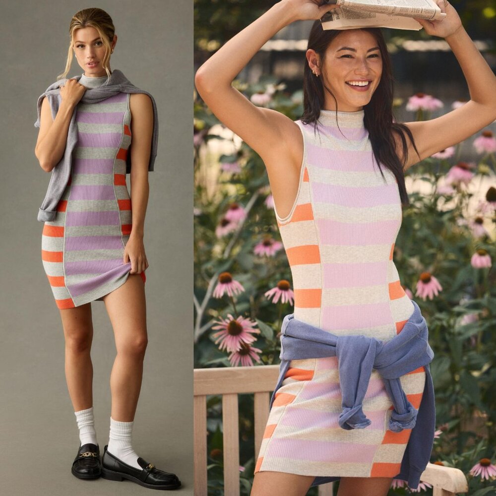 Anthropologie Striped Mini Dress - Purple, Orange, White